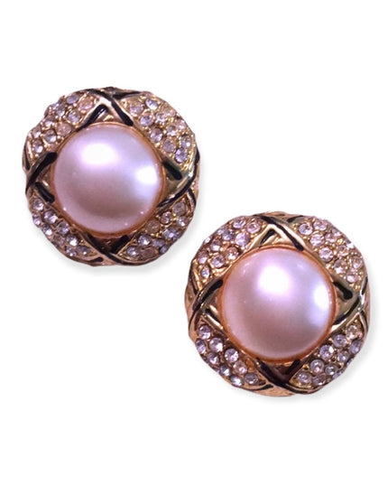 Vintage heavy gold rhinestone faux pearl earrings
