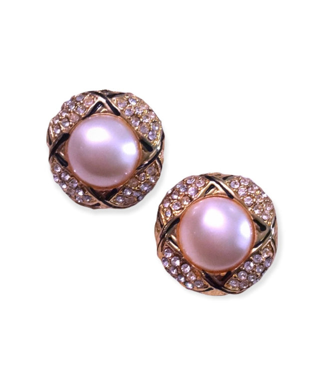 Vintage heavy gold rhinestone faux pearl earrings