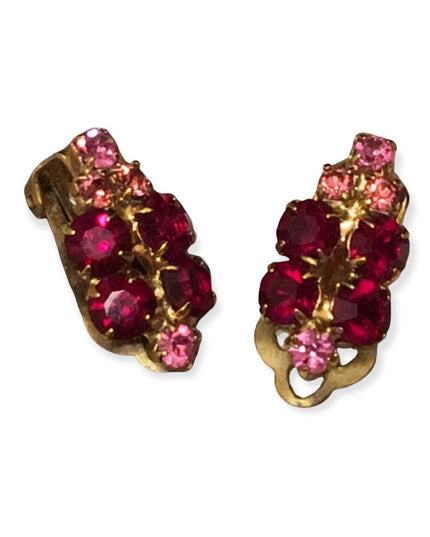 Vintage gold finish Pink & Red rhinestone crystal clip on earrings
