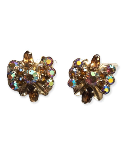 Vintage Crystal clip on earrings brown earth tones