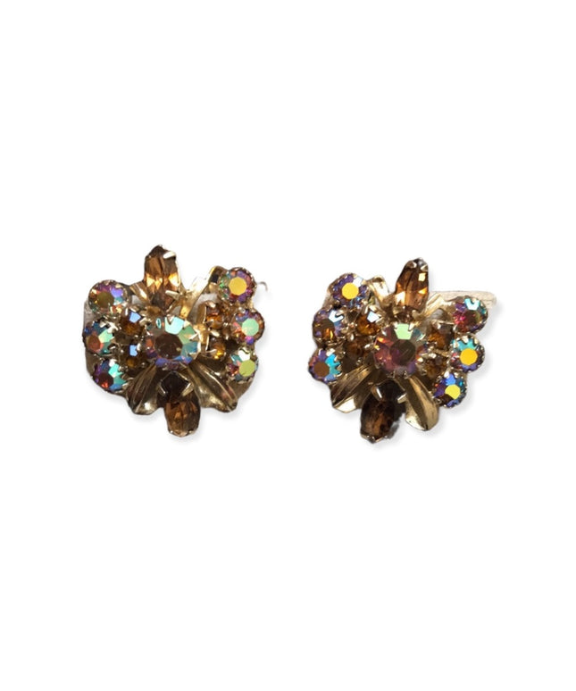 Vintage Crystal clip on earrings brown earth tones