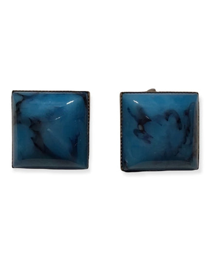Vintage blue square art glass clip on earrings brass finish