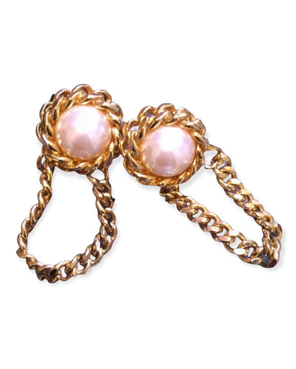 VTG 1980s Gold chain faux pearl chunky earrings