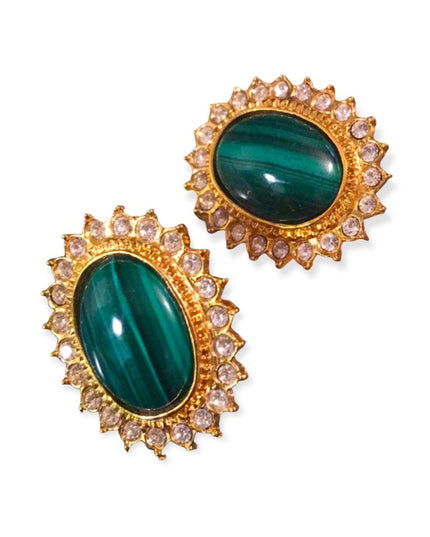 VTG Malachite crystal gold tone clip on earrings Butler FAC