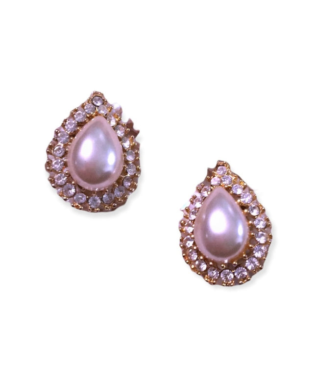 VTG gold faux pearl rhinestone tear drop earring