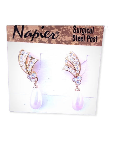 Vintage NEW Napier Earrings faux pearl gold finish dangle with rhinestones