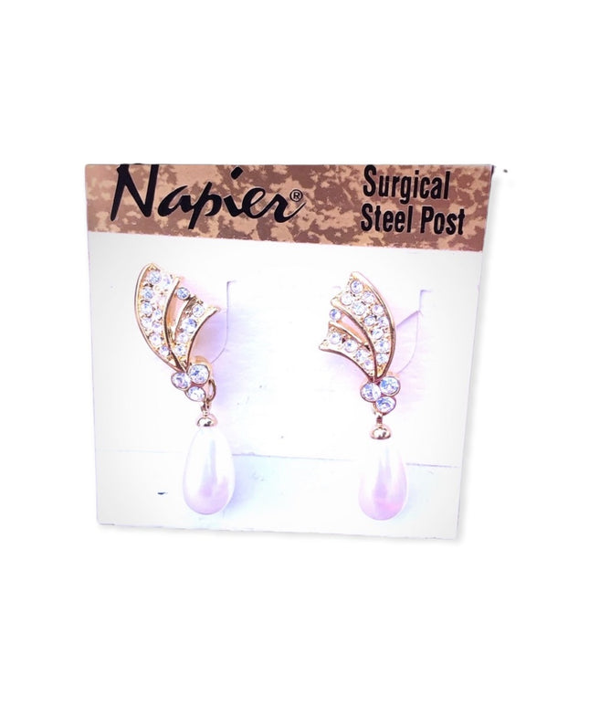Vintage NEW Napier Earrings faux pearl gold finish dangle with rhinestones