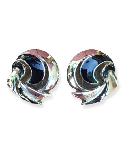 Vintage silver finish & black enamel clip on earrings swirl deaign