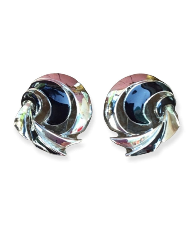 Vintage silver finish & black enamel clip on earrings swirl deaign