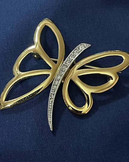 Beautiful silver & gold rhinestone butterfly brooch