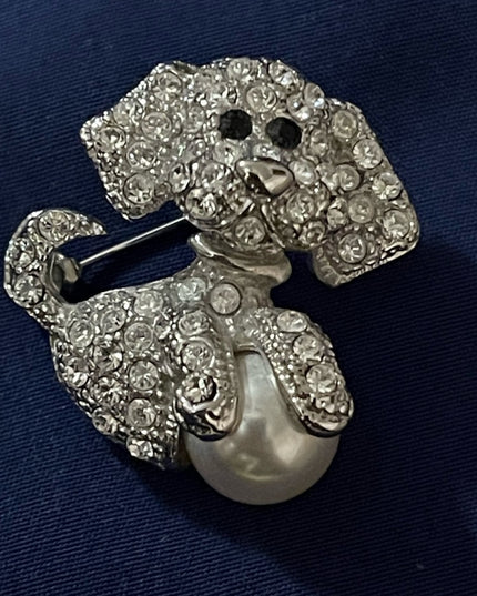 Small silver rhinestone dog brooch with faux pearl