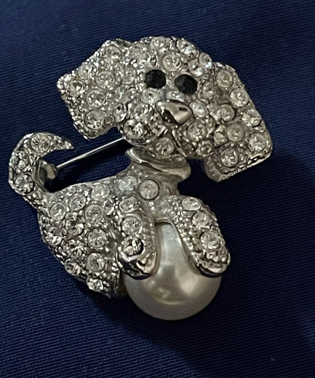 Small silver rhinestone dog brooch with faux pearl