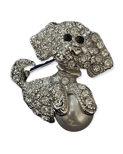 Small silver rhinestone dog brooch with faux pearl
