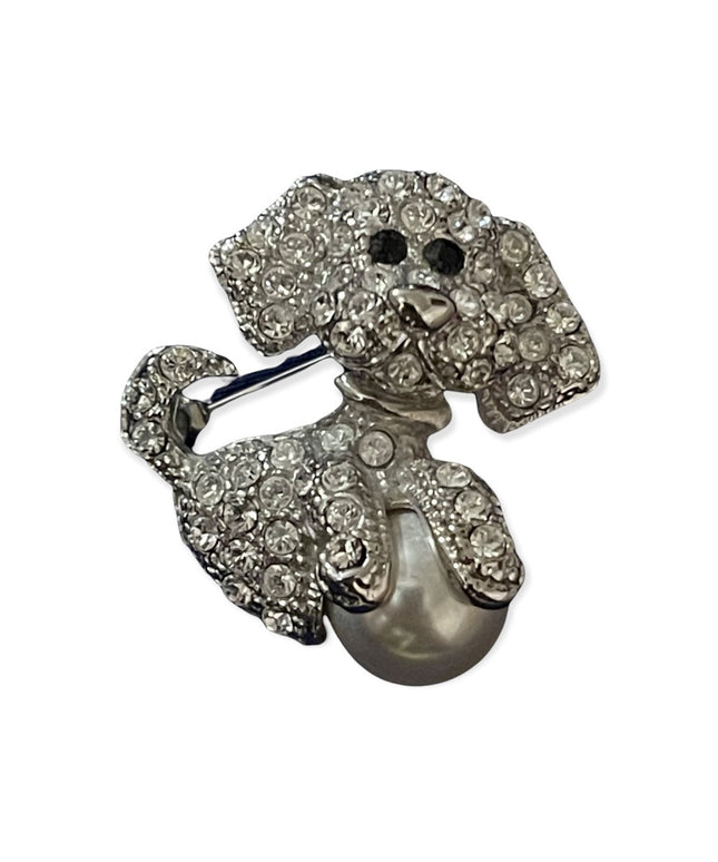 Small silver rhinestone dog brooch with faux pearl