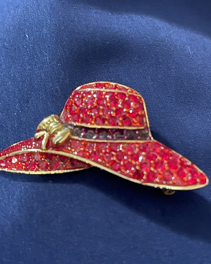 Beautiful red hat gold tone brooch small