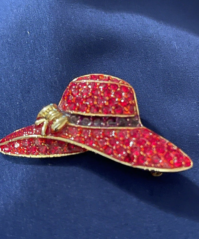 Beautiful red hat gold tone brooch small