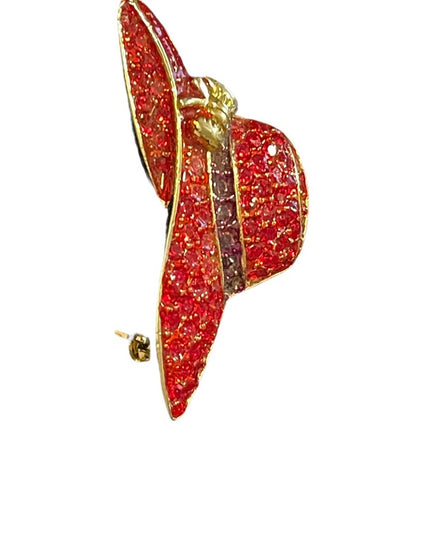Beautiful red hat gold tone brooch small