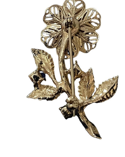 Vintage gold flower needlepoint faux pearl brooch