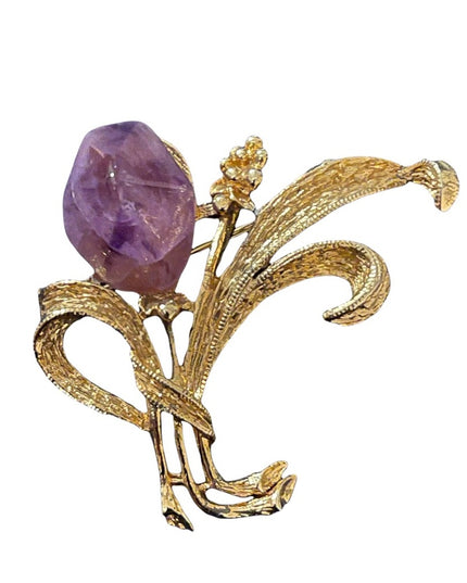 Vintage brushed gold amethyst flower brooch
