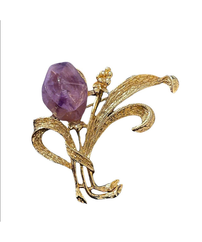 Vintage brushed gold amethyst flower brooch