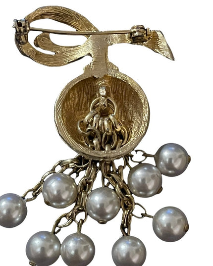 Vintage brushed gold faux pearl fancy dangle brooch
