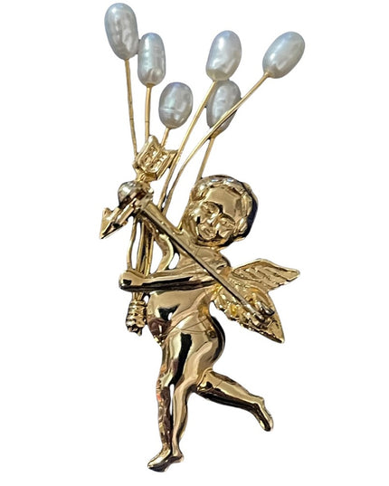 Vintage gold plate cherub angel holding pearl bouquet brooch