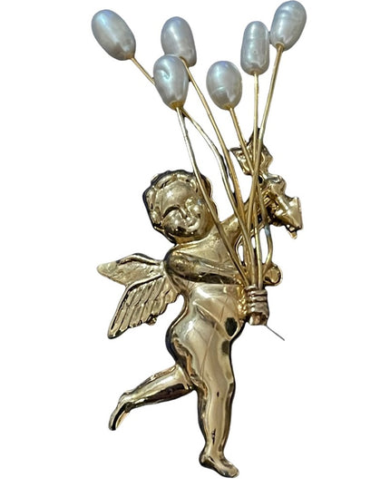 Vintage gold plate cherub angel holding pearl bouquet brooch