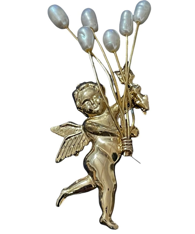 Vintage gold plate cherub angel holding pearl bouquet brooch