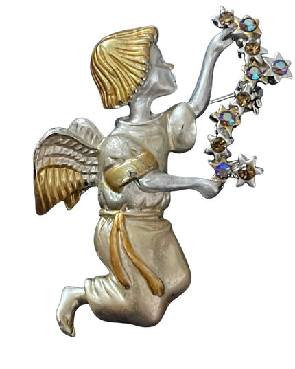 Gold and silver brushed rhinestone crystal Angel brooch