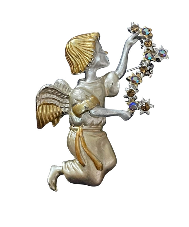 Gold and silver brushed rhinestone crystal Angel brooch