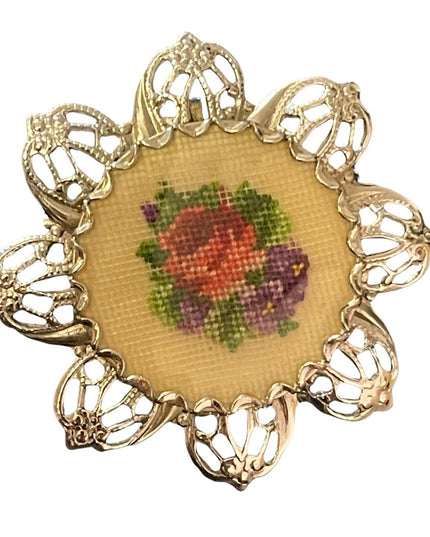 Vintage hand made silver cross stitch flower brooch