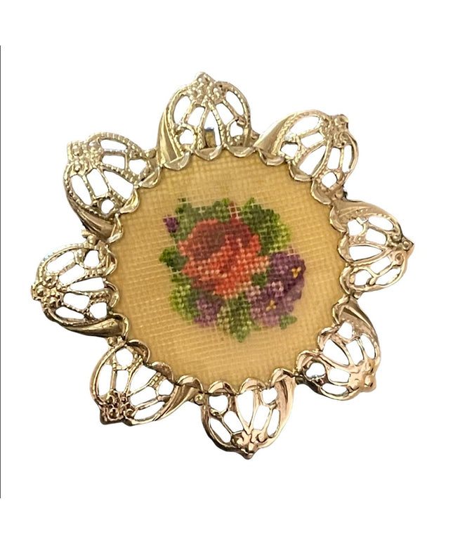 Vintage hand made silver cross stitch flower brooch