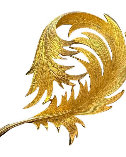 Vintage brushed gold fancy leaf  feather brooch