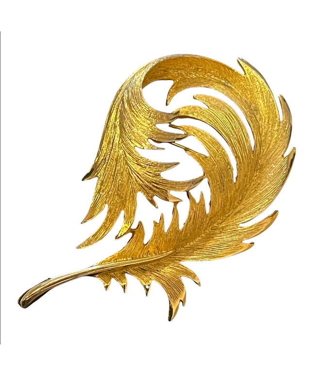 Vintage brushed gold fancy leaf  feather brooch