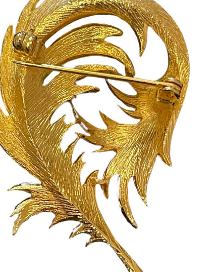 Vintage brushed gold fancy leaf  feather brooch