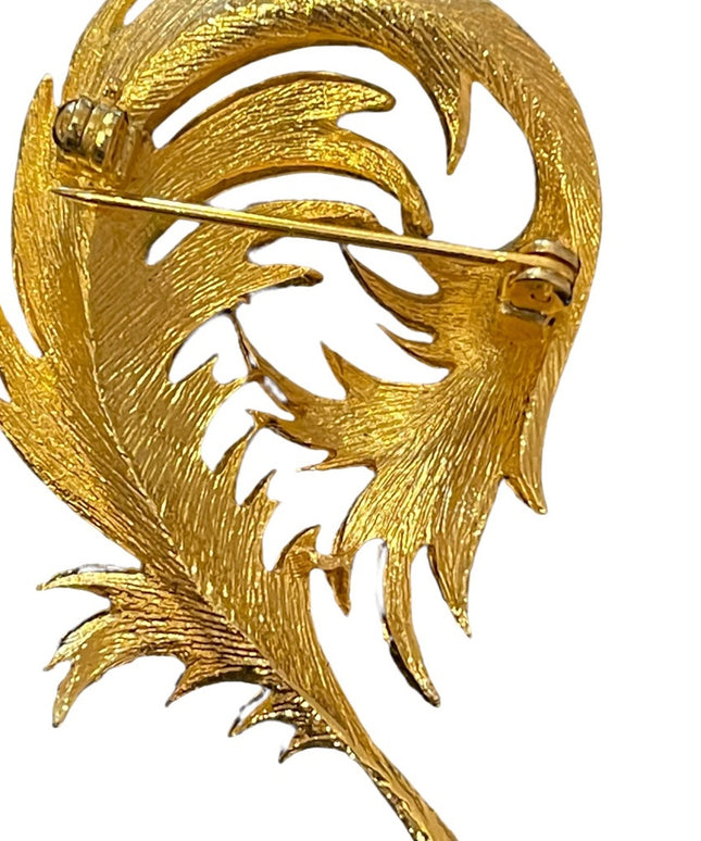 Vintage brushed gold fancy leaf  feather brooch