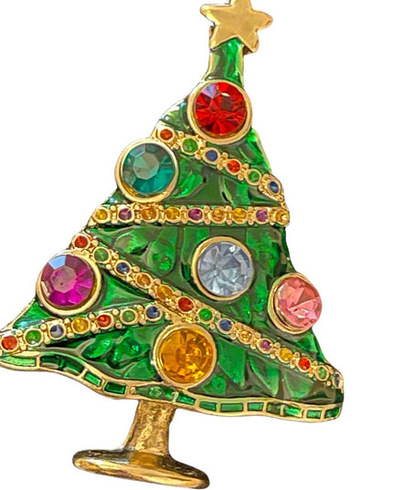 Beautiful multi crystal gold enameled christmas tree brooch