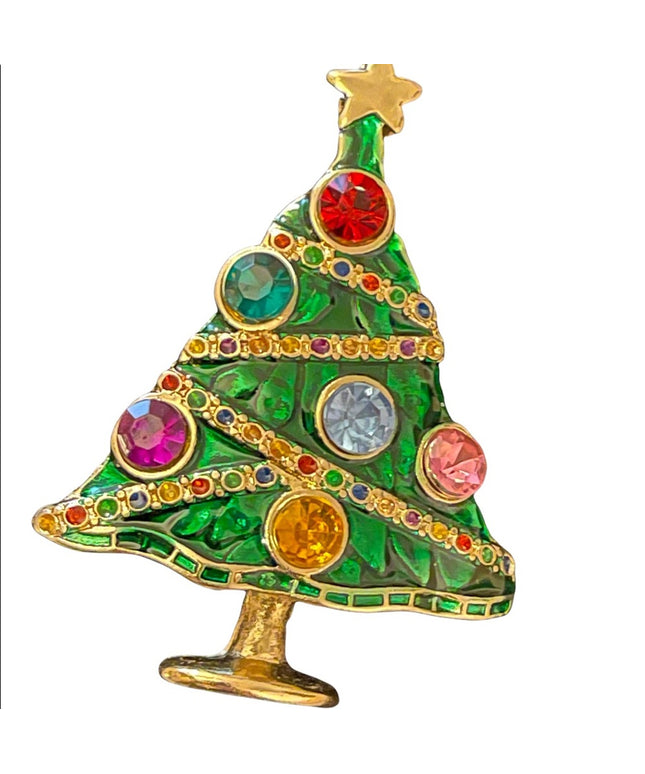 Beautiful multi crystal gold enameled christmas tree brooch
