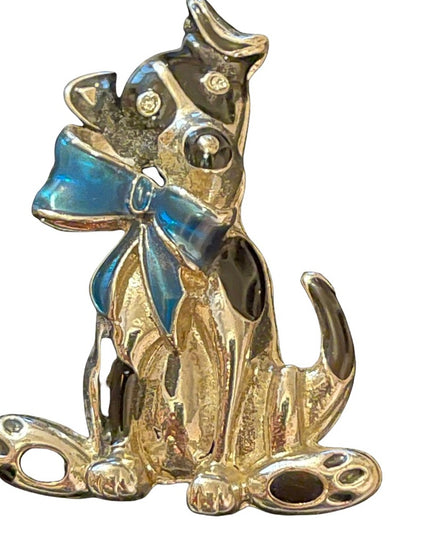 Silver enameled doggy dog with bow fancy gift brooch holiday
