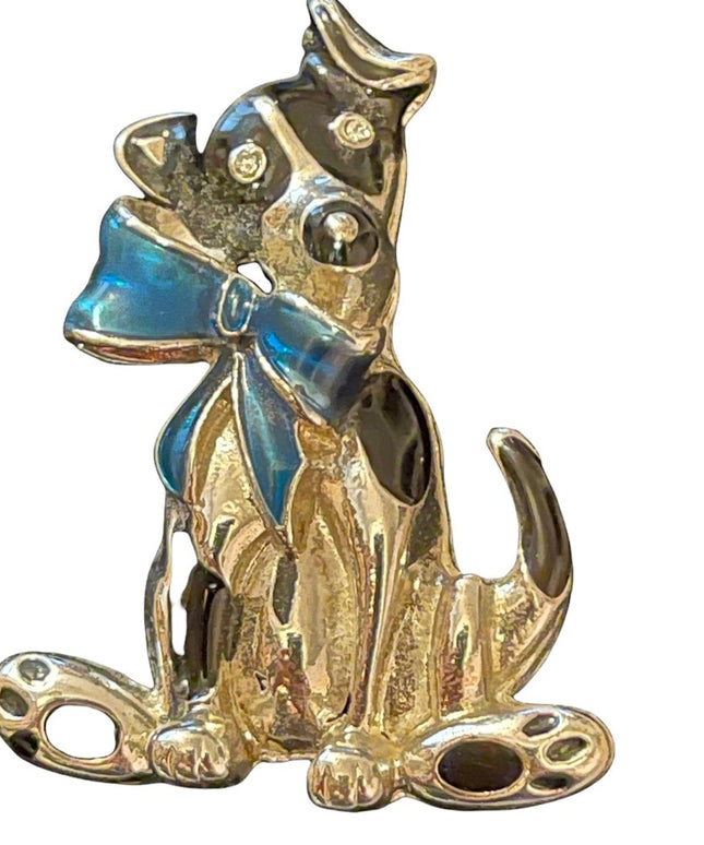 Silver enameled doggy dog with bow fancy gift brooch holiday