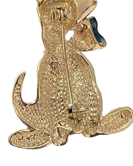 Silver enameled doggy dog with bow fancy gift brooch holiday
