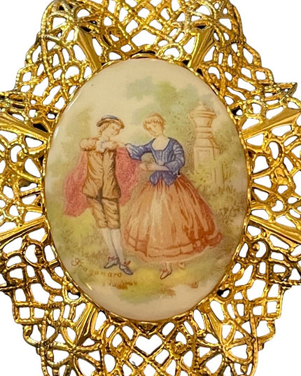 Vintage gold filagree ceramic victorian scene LARGE cameo brooch