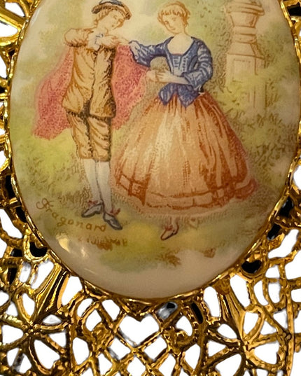 Vintage gold filagree ceramic victorian scene LARGE cameo brooch
