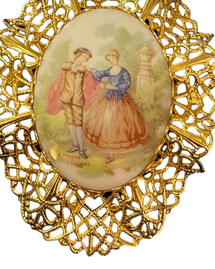 Vintage gold filagree ceramic victorian scene LARGE cameo brooch