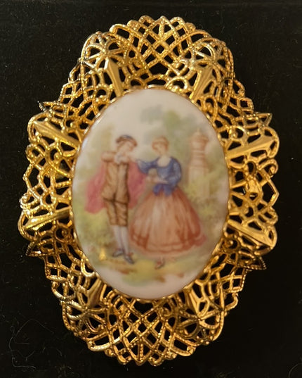 Vintage gold filagree ceramic victorian scene LARGE cameo brooch
