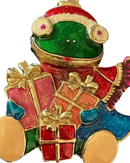 Large Gold enameled frog Christmas with presents brooch