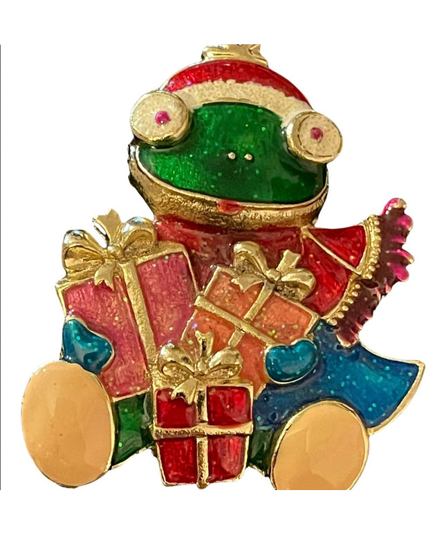 Large Gold enameled frog Christmas with presents brooch