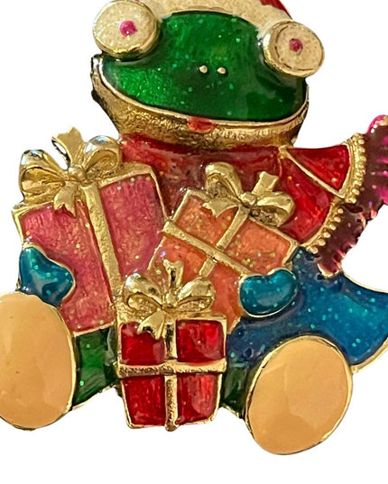 Large Gold enameled frog Christmas with presents brooch