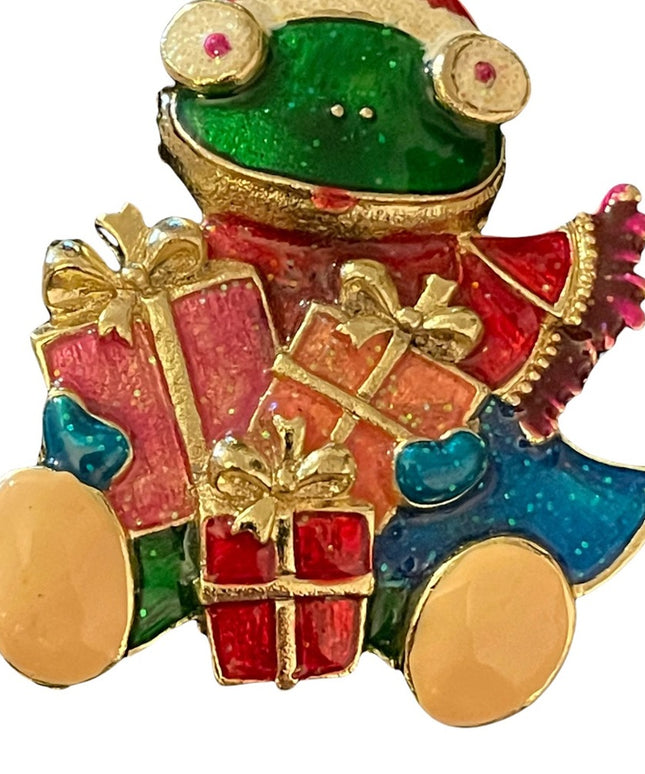 Large Gold enameled frog Christmas with presents brooch