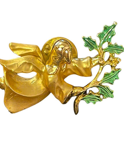 Antiqued gold enameled angel pin brooch christmas